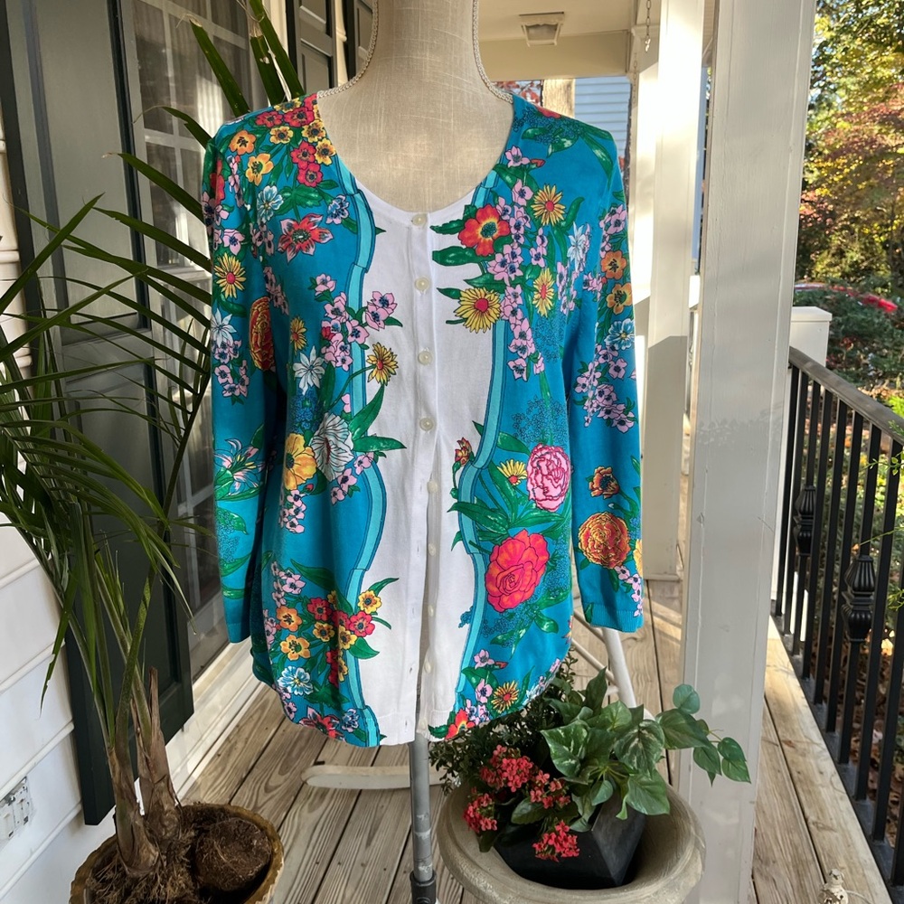 Talbots Luxury Garden Collection Cardigan, Turquoise Floral Print, Size XLP, EUC - Picture 10 of 10